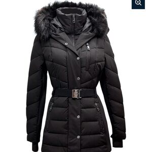 Michael Kors Black Puffer Jacket with Faux Fur Trim